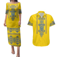 Vyshyvanka Day Couples Matching Puletasi and Hawaiian Shirt Ukrainian Folk Traditions Pattern Yellow Version