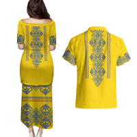 Vyshyvanka Day Couples Matching Puletasi and Hawaiian Shirt Ukrainian Folk Traditions Pattern Yellow Version
