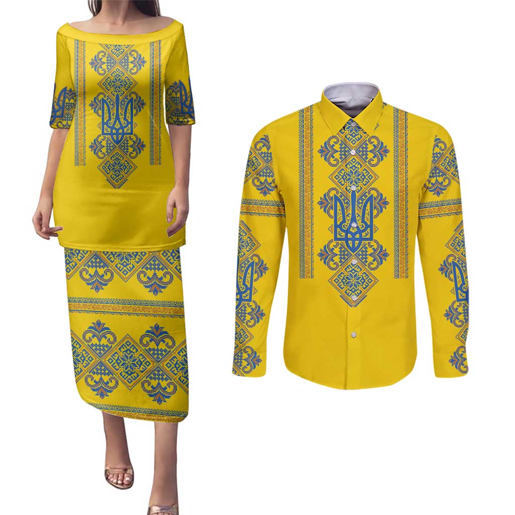 Vyshyvanka Day Couples Matching Puletasi and Long Sleeve Button Shirt Ukrainian Folk Traditions Pattern Yellow Version