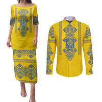 Vyshyvanka Day Couples Matching Puletasi and Long Sleeve Button Shirt Ukrainian Folk Traditions Pattern Yellow Version