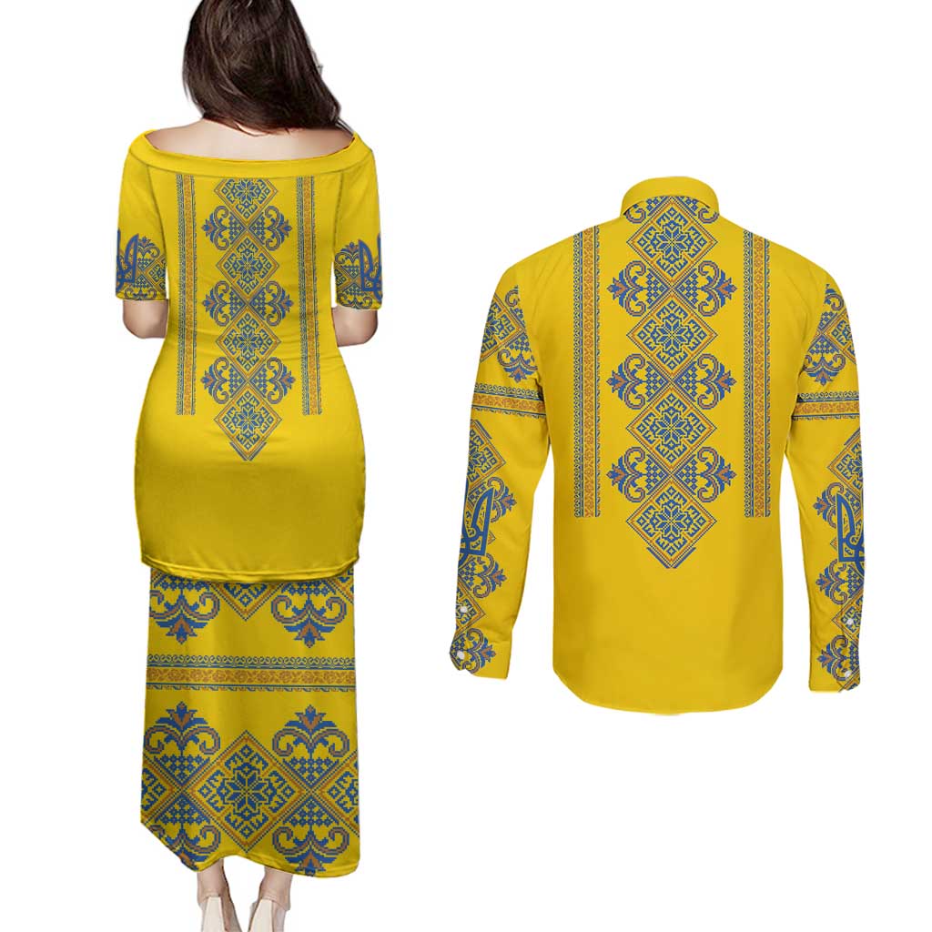 Vyshyvanka Day Couples Matching Puletasi and Long Sleeve Button Shirt Ukrainian Folk Traditions Pattern Yellow Version