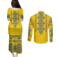 Vyshyvanka Day Couples Matching Puletasi and Long Sleeve Button Shirt Ukrainian Folk Traditions Pattern Yellow Version