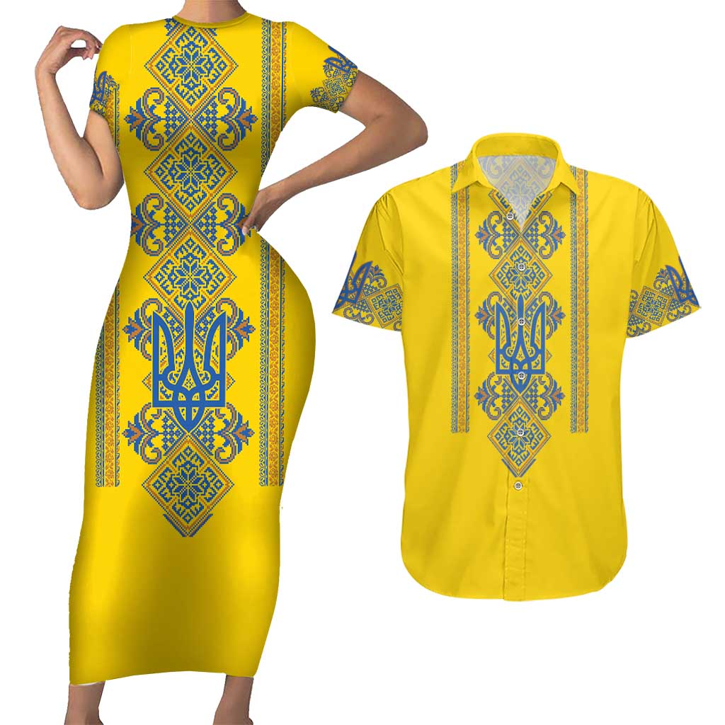 Vyshyvanka Day Couples Matching Short Sleeve Bodycon Dress and Hawaiian Shirt Ukrainian Folk Traditions Pattern Yellow Version