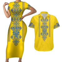 Vyshyvanka Day Couples Matching Short Sleeve Bodycon Dress and Hawaiian Shirt Ukrainian Folk Traditions Pattern Yellow Version