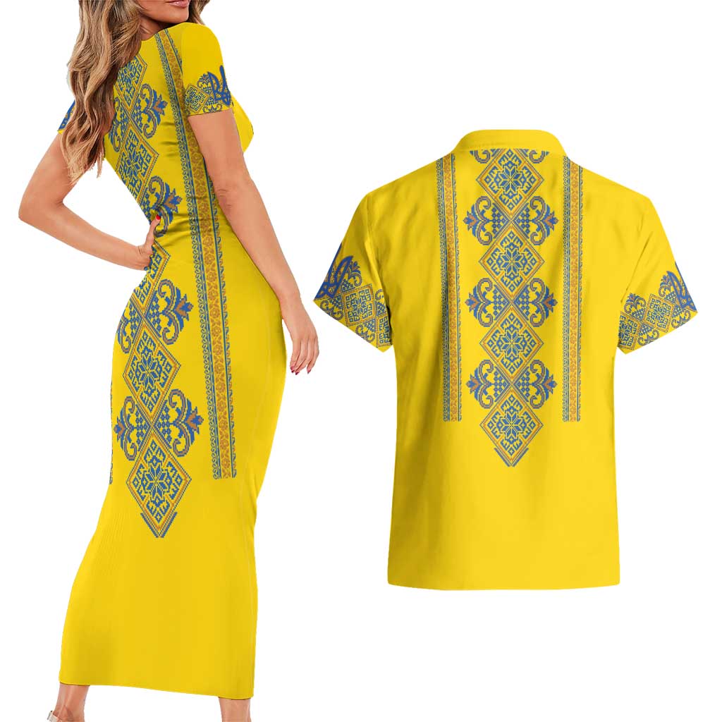 Vyshyvanka Day Couples Matching Short Sleeve Bodycon Dress and Hawaiian Shirt Ukrainian Folk Traditions Pattern Yellow Version
