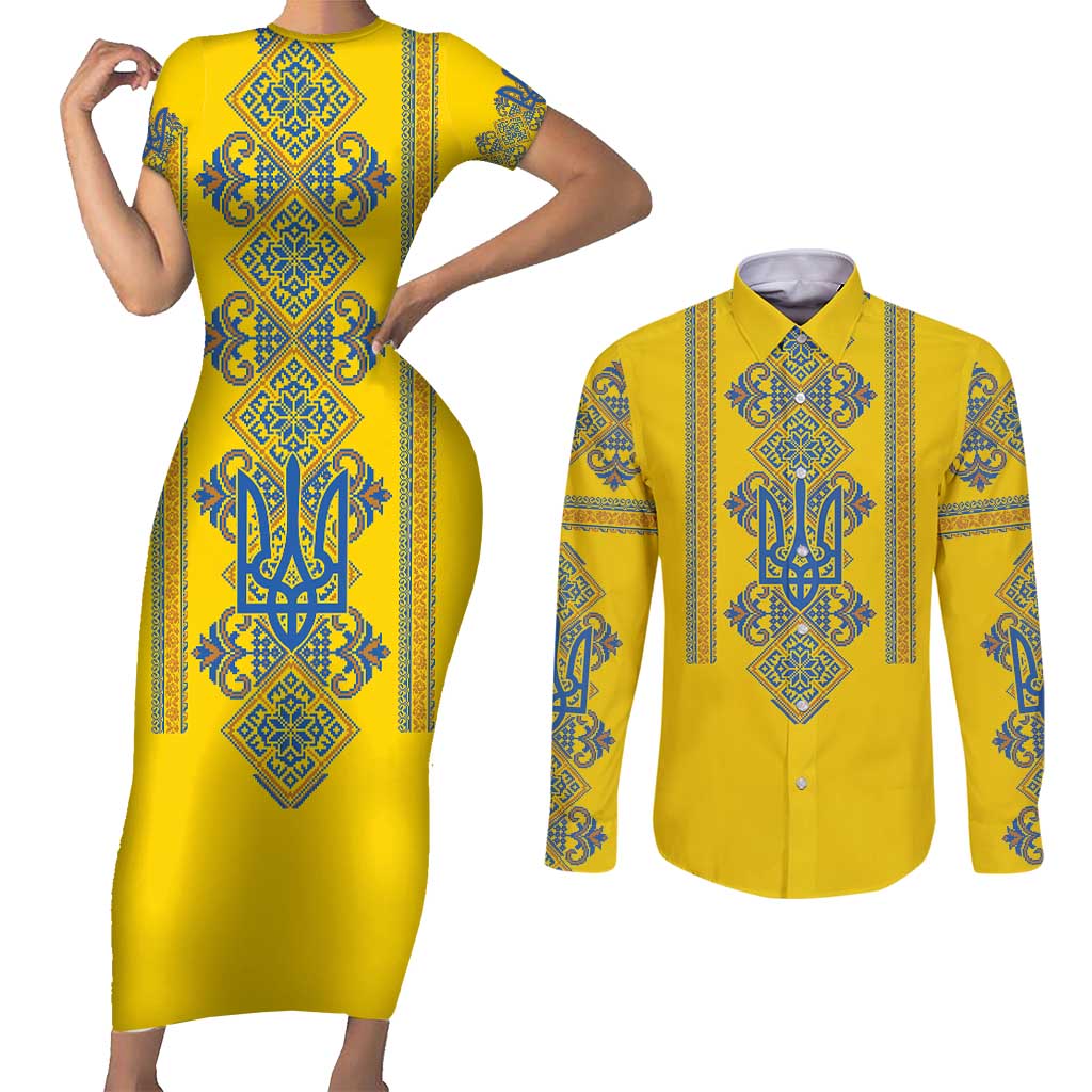 Vyshyvanka Day Couples Matching Short Sleeve Bodycon Dress and Long Sleeve Button Shirt Ukrainian Folk Traditions Pattern Yellow Version