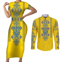 Vyshyvanka Day Couples Matching Short Sleeve Bodycon Dress and Long Sleeve Button Shirt Ukrainian Folk Traditions Pattern Yellow Version