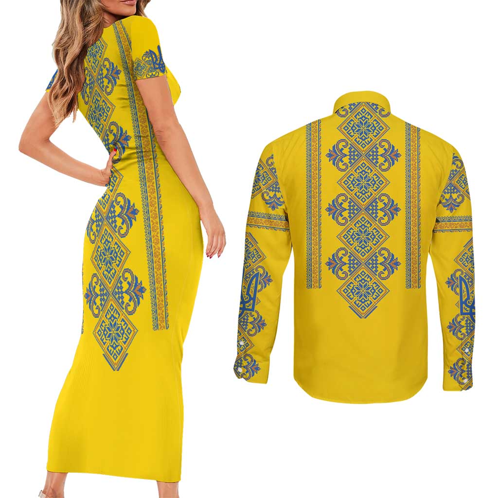 Vyshyvanka Day Couples Matching Short Sleeve Bodycon Dress and Long Sleeve Button Shirt Ukrainian Folk Traditions Pattern Yellow Version