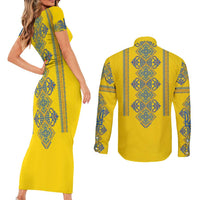 Vyshyvanka Day Couples Matching Short Sleeve Bodycon Dress and Long Sleeve Button Shirt Ukrainian Folk Traditions Pattern Yellow Version