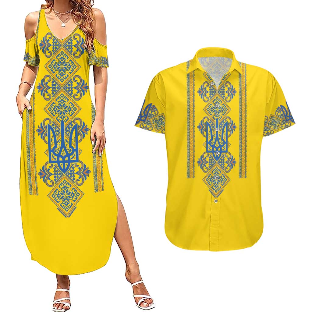 Vyshyvanka Day Couples Matching Summer Maxi Dress and Hawaiian Shirt Ukrainian Folk Traditions Pattern Yellow Version