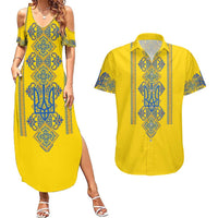 Vyshyvanka Day Couples Matching Summer Maxi Dress and Hawaiian Shirt Ukrainian Folk Traditions Pattern Yellow Version