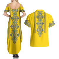 Vyshyvanka Day Couples Matching Summer Maxi Dress and Hawaiian Shirt Ukrainian Folk Traditions Pattern Yellow Version
