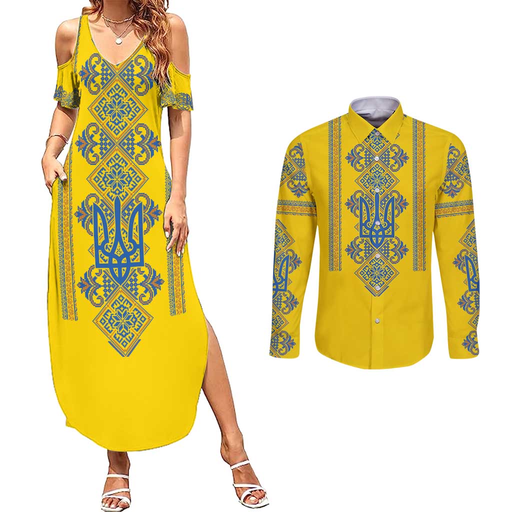 Vyshyvanka Day Couples Matching Summer Maxi Dress and Long Sleeve Button Shirt Ukrainian Folk Traditions Pattern Yellow Version