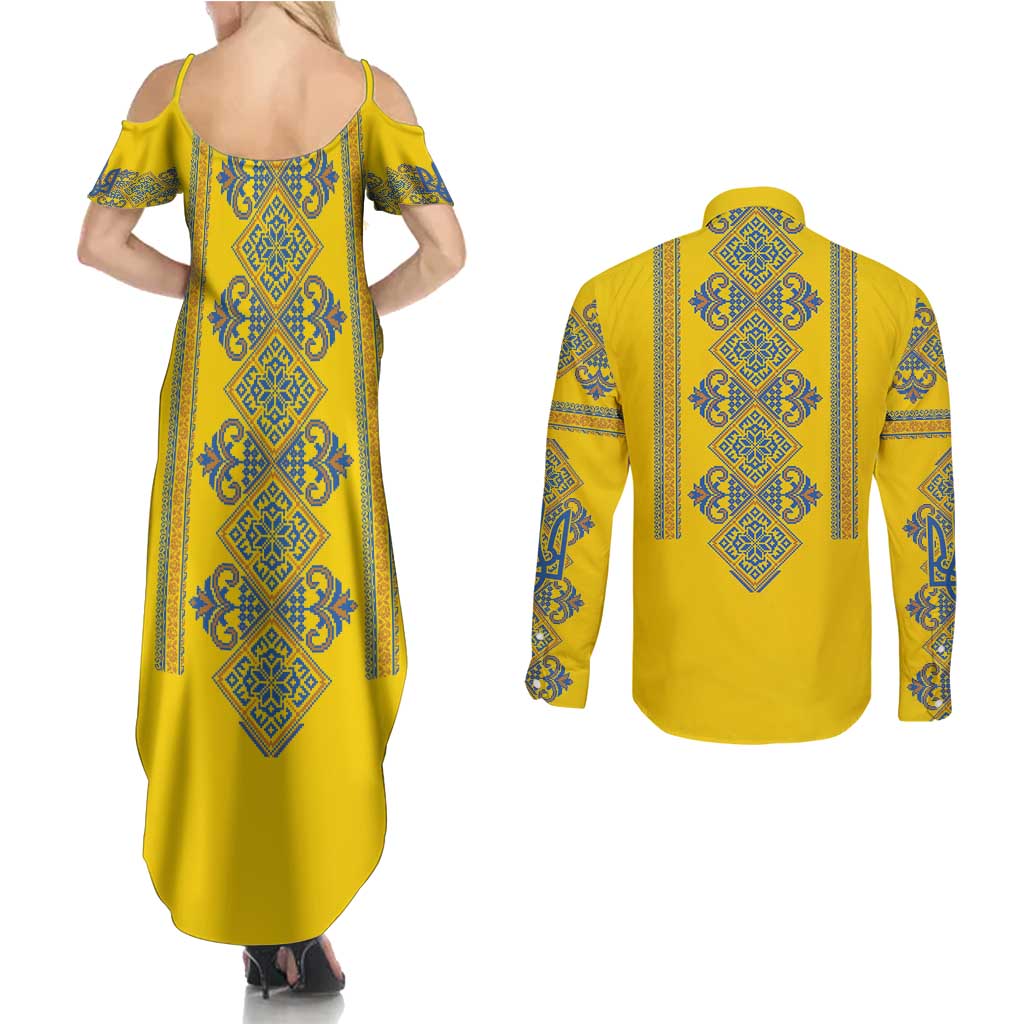 Vyshyvanka Day Couples Matching Summer Maxi Dress and Long Sleeve Button Shirt Ukrainian Folk Traditions Pattern Yellow Version