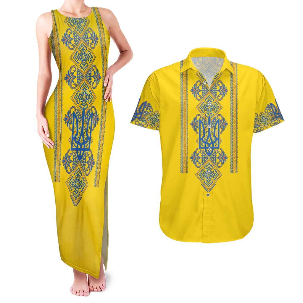 Vyshyvanka Day Couples Matching Tank Maxi Dress and Hawaiian Shirt Ukrainian Folk Traditions Pattern Yellow Version