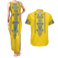 Vyshyvanka Day Couples Matching Tank Maxi Dress and Hawaiian Shirt Ukrainian Folk Traditions Pattern Yellow Version