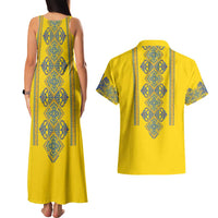 Vyshyvanka Day Couples Matching Tank Maxi Dress and Hawaiian Shirt Ukrainian Folk Traditions Pattern Yellow Version