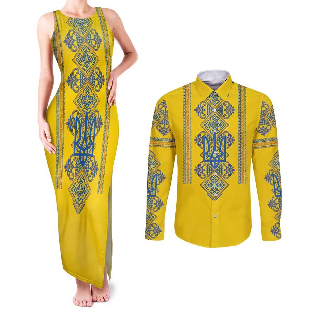 Vyshyvanka Day Couples Matching Tank Maxi Dress and Long Sleeve Button Shirt Ukrainian Folk Traditions Pattern Yellow Version