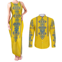Vyshyvanka Day Couples Matching Tank Maxi Dress and Long Sleeve Button Shirt Ukrainian Folk Traditions Pattern Yellow Version