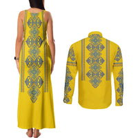 Vyshyvanka Day Couples Matching Tank Maxi Dress and Long Sleeve Button Shirt Ukrainian Folk Traditions Pattern Yellow Version