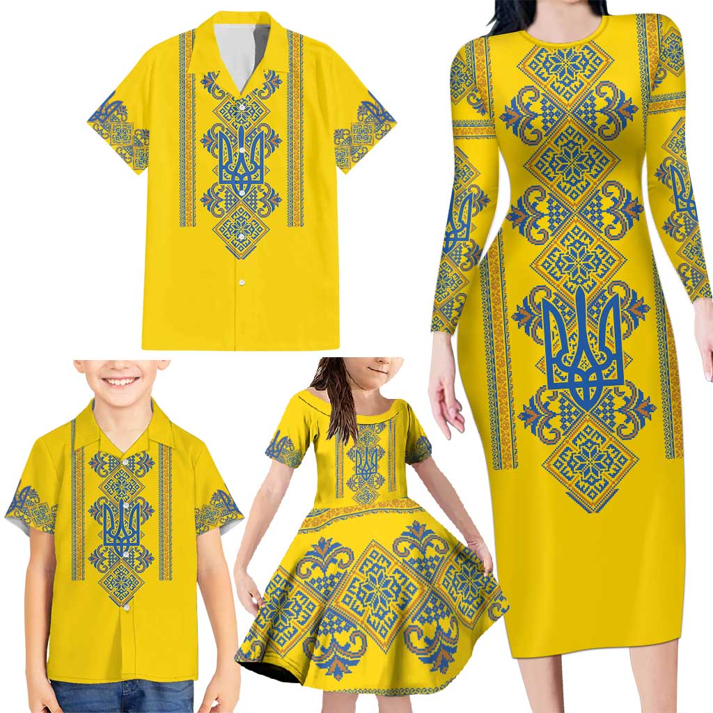 Vyshyvanka Day Family Matching Long Sleeve Bodycon Dress and Hawaiian Shirt Ukrainian Folk Traditions Pattern Yellow Version