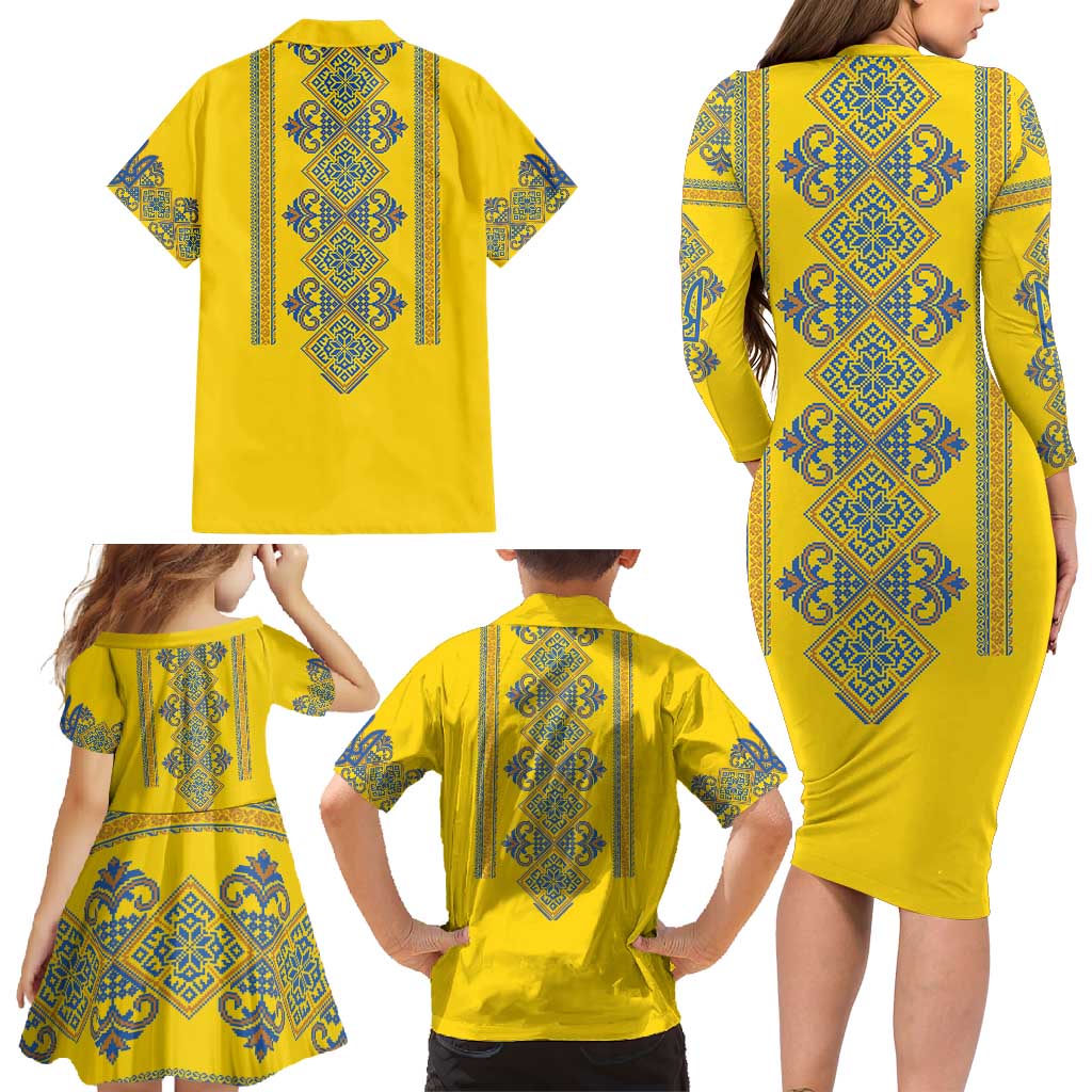 Vyshyvanka Day Family Matching Long Sleeve Bodycon Dress and Hawaiian Shirt Ukrainian Folk Traditions Pattern Yellow Version