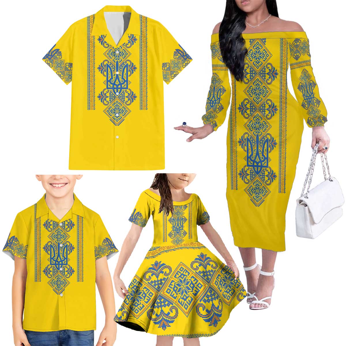 Vyshyvanka Day Family Matching Off The Shoulder Long Sleeve Dress and Hawaiian Shirt Ukrainian Folk Traditions Pattern Yellow Version