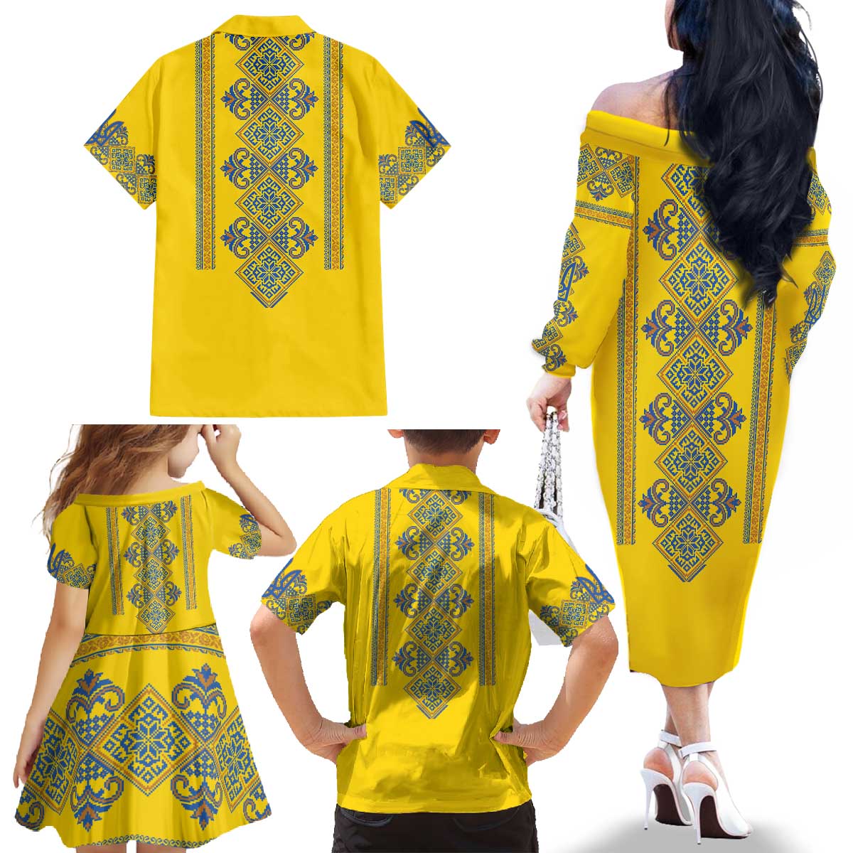 Vyshyvanka Day Family Matching Off The Shoulder Long Sleeve Dress and Hawaiian Shirt Ukrainian Folk Traditions Pattern Yellow Version