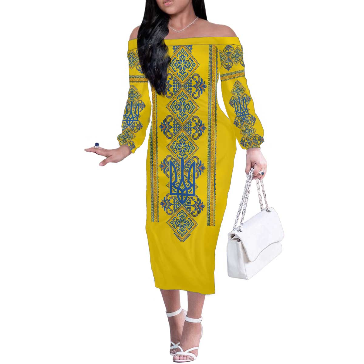 Vyshyvanka Day Family Matching Off The Shoulder Long Sleeve Dress and Hawaiian Shirt Ukrainian Folk Traditions Pattern Yellow Version