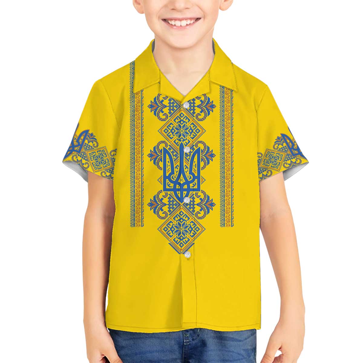 Vyshyvanka Day Family Matching Off The Shoulder Long Sleeve Dress and Hawaiian Shirt Ukrainian Folk Traditions Pattern Yellow Version