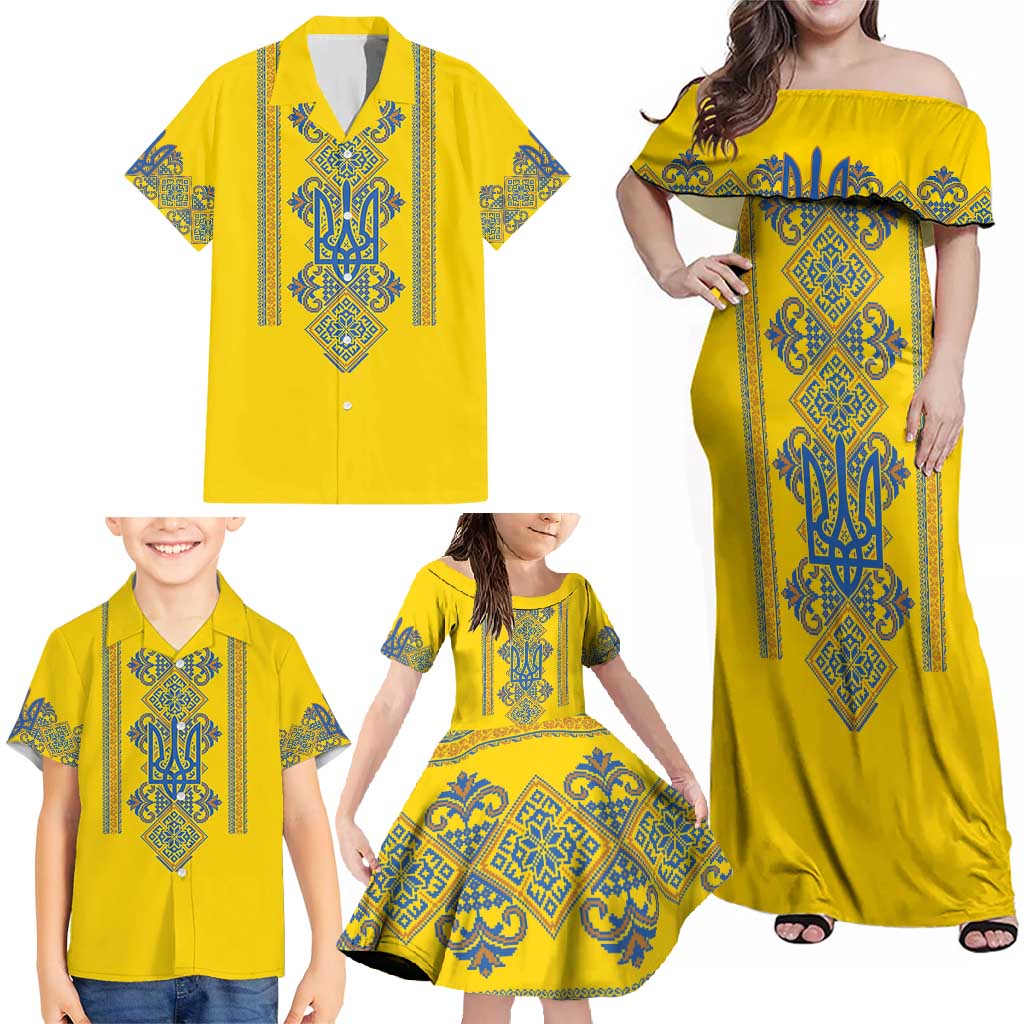 Vyshyvanka Day Family Matching Off Shoulder Maxi Dress and Hawaiian Shirt Ukrainian Folk Traditions Pattern Yellow Version