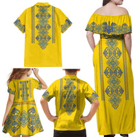 Vyshyvanka Day Family Matching Off Shoulder Maxi Dress and Hawaiian Shirt Ukrainian Folk Traditions Pattern Yellow Version