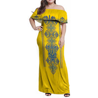 Vyshyvanka Day Family Matching Off Shoulder Maxi Dress and Hawaiian Shirt Ukrainian Folk Traditions Pattern Yellow Version