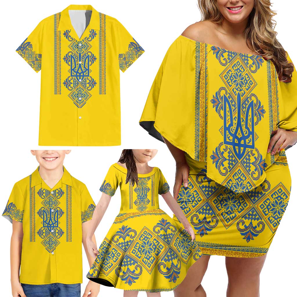 Vyshyvanka Day Family Matching Off Shoulder Short Dress and Hawaiian Shirt Ukrainian Folk Traditions Pattern Yellow Version