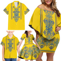 Vyshyvanka Day Family Matching Off Shoulder Short Dress and Hawaiian Shirt Ukrainian Folk Traditions Pattern Yellow Version