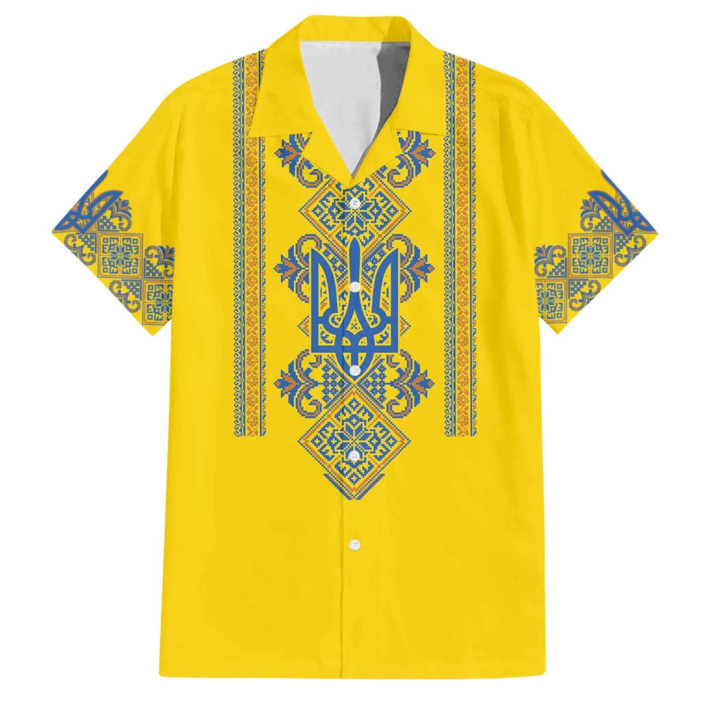 Vyshyvanka Day Family Matching Off Shoulder Short Dress and Hawaiian Shirt Ukrainian Folk Traditions Pattern Yellow Version