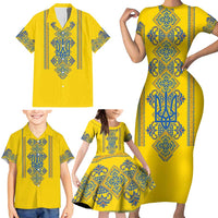 Vyshyvanka Day Family Matching Short Sleeve Bodycon Dress and Hawaiian Shirt Ukrainian Folk Traditions Pattern Yellow Version