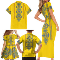 Vyshyvanka Day Family Matching Short Sleeve Bodycon Dress and Hawaiian Shirt Ukrainian Folk Traditions Pattern Yellow Version