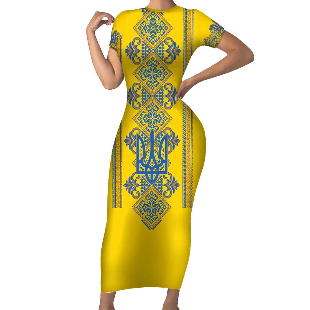 Vyshyvanka Day Family Matching Short Sleeve Bodycon Dress and Hawaiian Shirt Ukrainian Folk Traditions Pattern Yellow Version