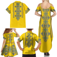 Vyshyvanka Day Family Matching Summer Maxi Dress and Hawaiian Shirt Ukrainian Folk Traditions Pattern Yellow Version