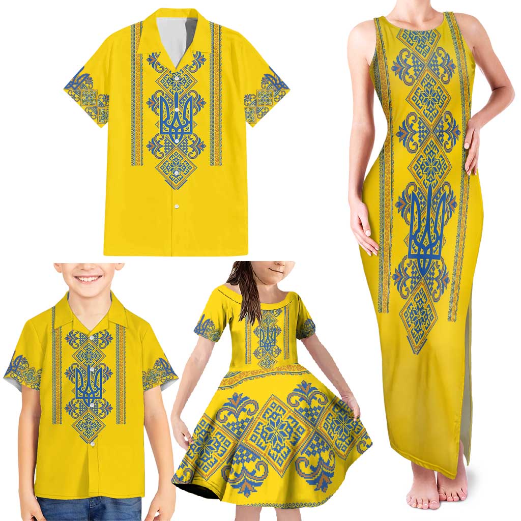 Vyshyvanka Day Family Matching Tank Maxi Dress and Hawaiian Shirt Ukrainian Folk Traditions Pattern Yellow Version