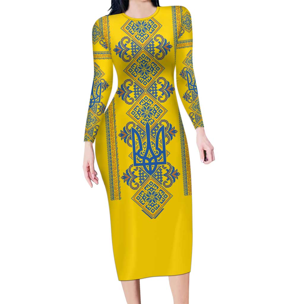 Vyshyvanka Day Long Sleeve Bodycon Dress Ukrainian Folk Traditions Pattern Yellow Version