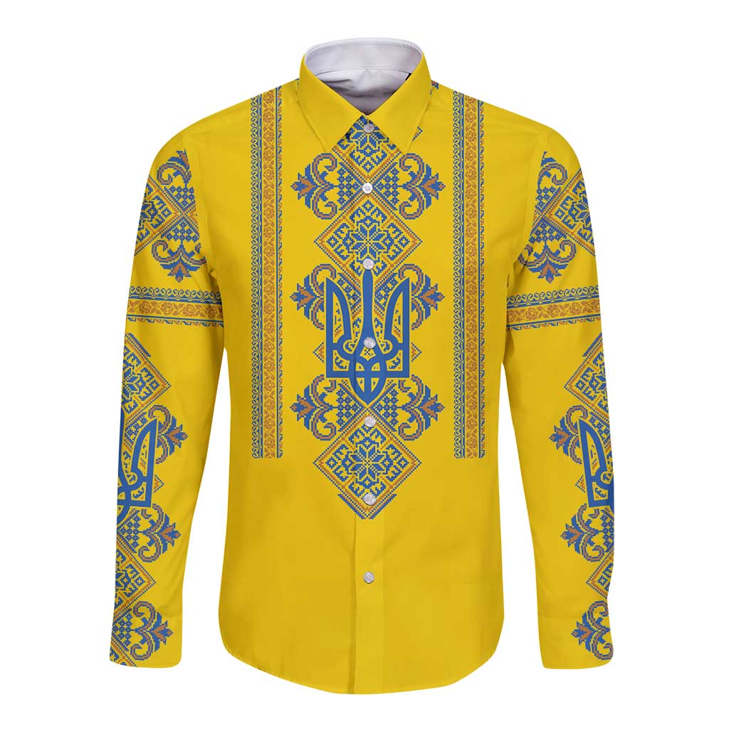 Vyshyvanka Day Long Sleeve Button Shirt Ukrainian Folk Traditions Pattern Yellow Version