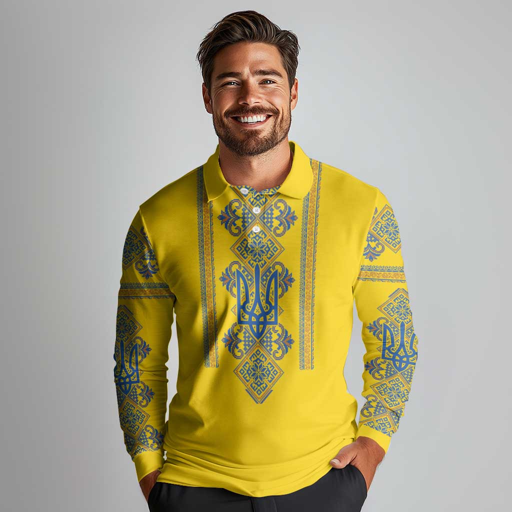 Vyshyvanka Day Long Sleeve Polo Shirt Ukrainian Folk Traditions Pattern Yellow Version
