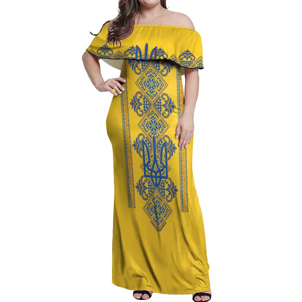 Vyshyvanka Day Off Shoulder Maxi Dress Ukrainian Folk Traditions Pattern Yellow Version