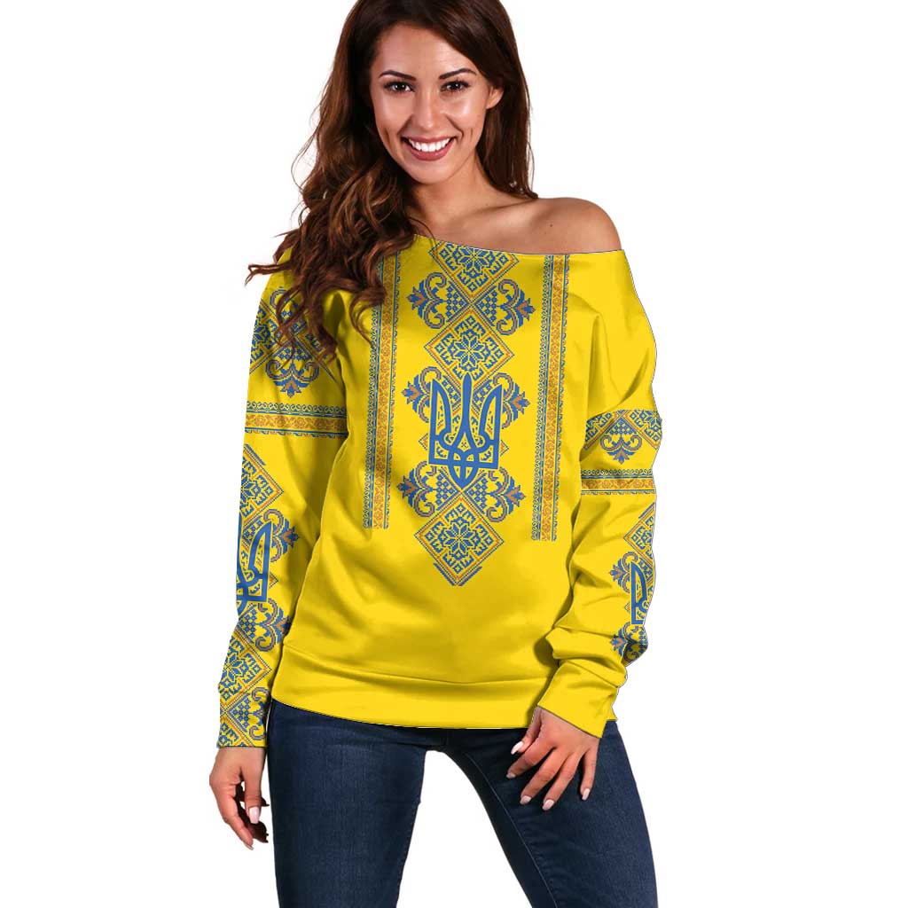 Vyshyvanka Day Off Shoulder Sweater Ukrainian Folk Traditions Pattern Yellow Version