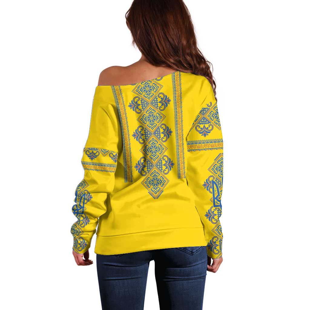 Vyshyvanka Day Off Shoulder Sweater Ukrainian Folk Traditions Pattern Yellow Version