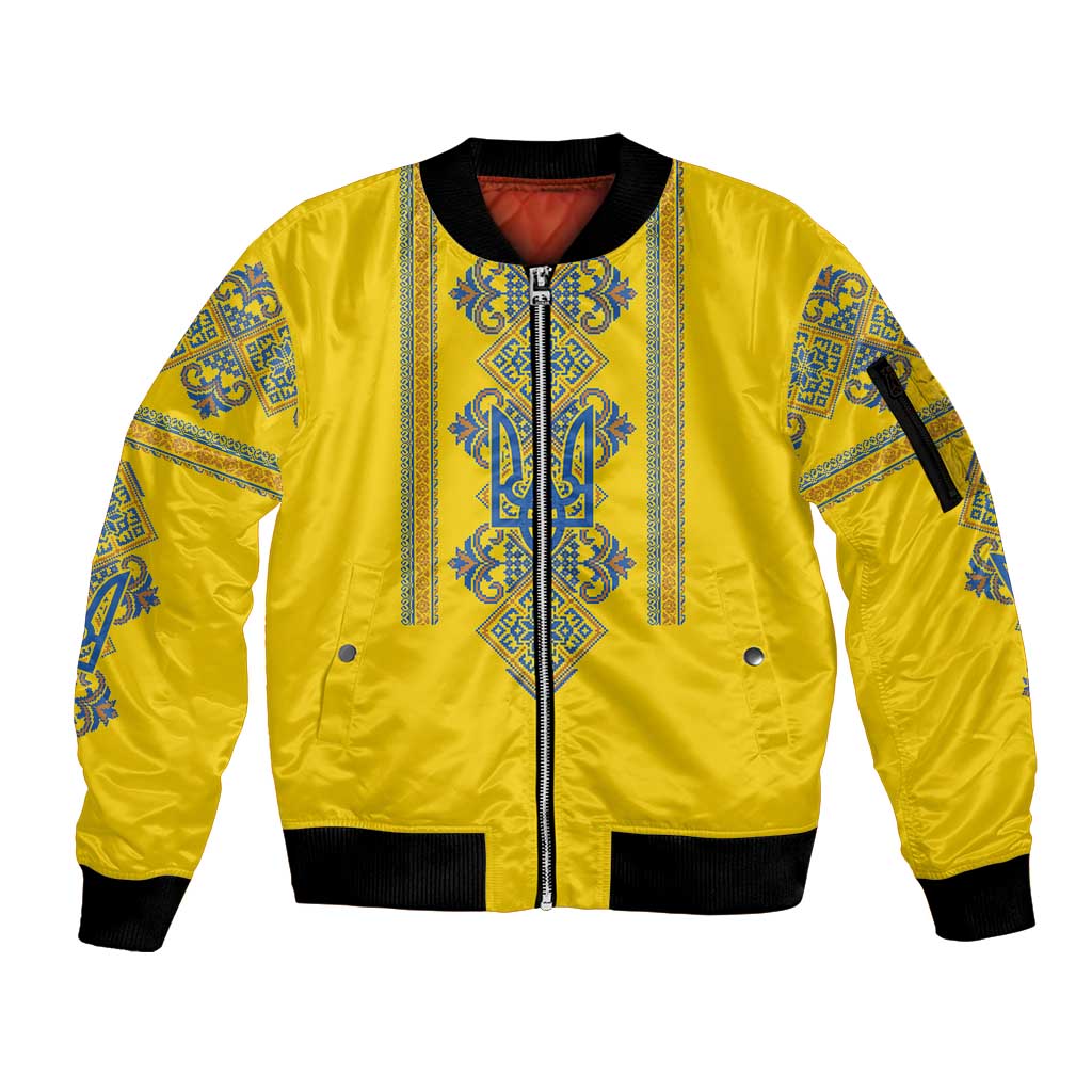 Vyshyvanka Day Sleeve Zip Bomber Jacket Ukrainian Folk Traditions Pattern Yellow Version