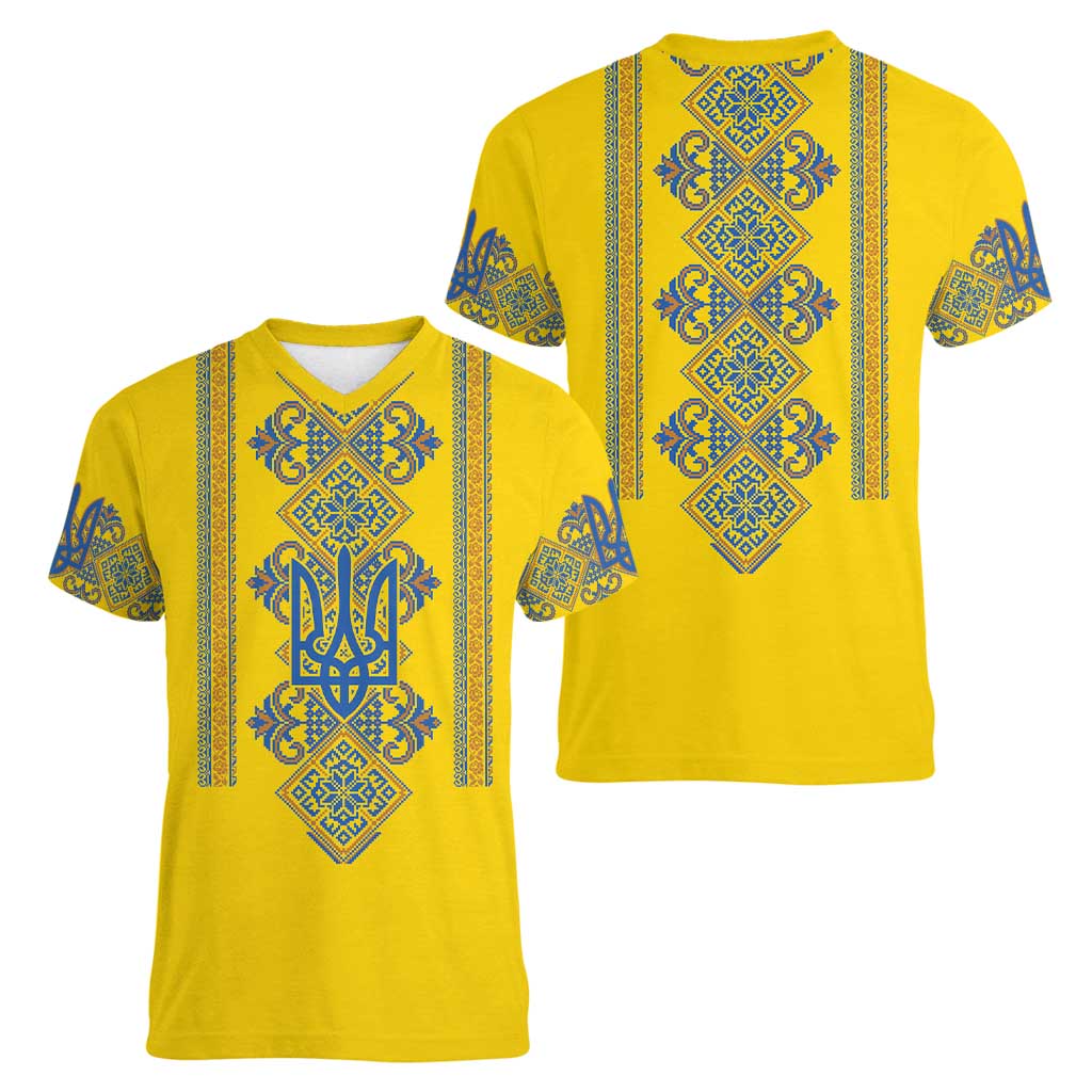 Vyshyvanka Day Women V-Neck T-Shirt Ukrainian Folk Traditions Pattern Yellow Version