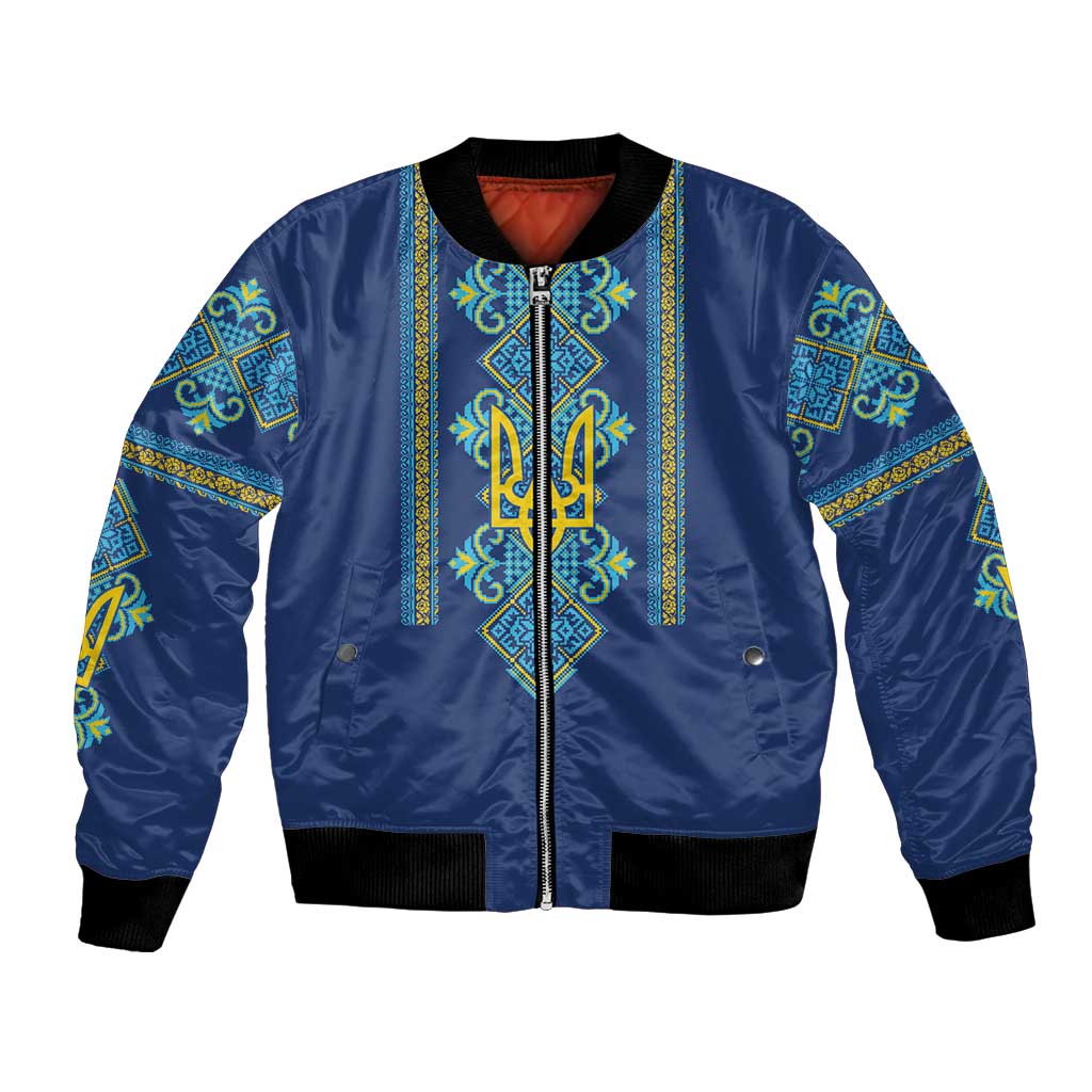 Vyshyvanka Day Bomber Jacket Ukrainian Folk Traditions Pattern Blue Version